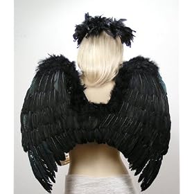FashionWings (TM) Black Costume Feather Angel Wings & Halo for Teens Adults. Gothic Fairy Fallen Angel Dark Demon Cosplay