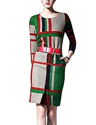 Long Sleeves Belted Plaid Print Cotton/Polyester/Wool Midi Dress 