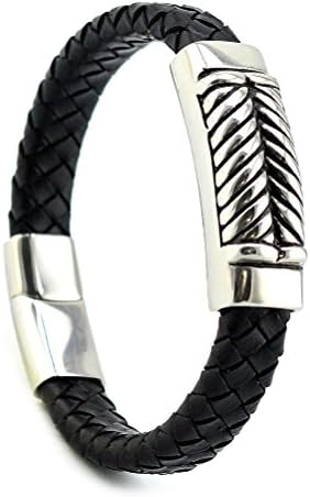12mm Wide Black Braided Feather Shape Slanting Stripe Wrap Men's Cowhide Bracelet Bangle Wristband