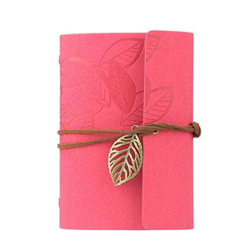 Towallmark(TM)Vintage Notebook, Leaf Leather Cover Loose Leaf Blank Journal Diary Book (Hot Pink)