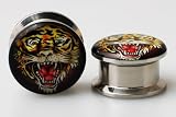 Pair of Licensed Ed Hardy Stainless Steel Ear Plug - Tiger Logo - 6g
