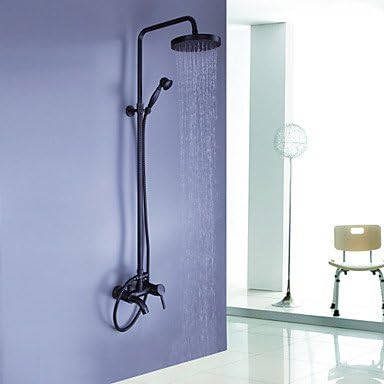 Oil-rubbed Bronze Wall Mounted Waterfall Rain + Handheld Shower Faucet