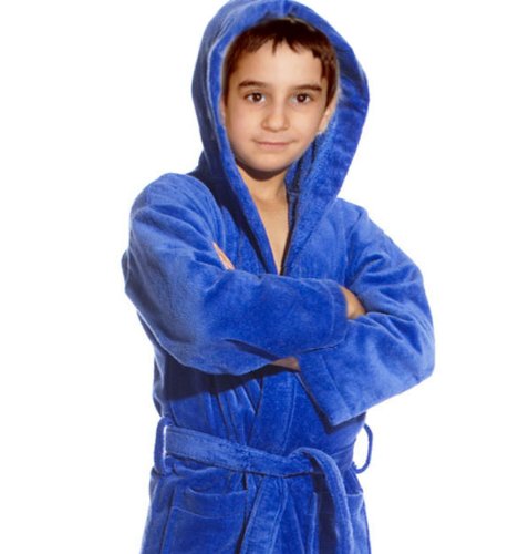 Royal Resort Collection: Luxury Hooded Robe - Terry Velour Kids Bathrobe, 100% Turkish Eco Cotton, Color: Sapphire Blue, Size: (7-11 yo), UNISEX