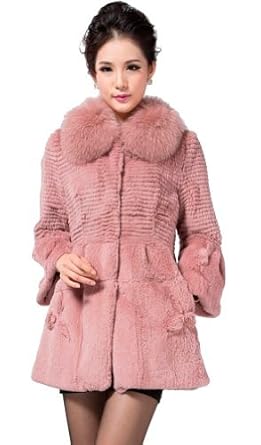 Designer Clothing Online : Queenshiny Long Women's 100% Real Rex Rabbit Fur Coat Jacket with Fox Collar Cheap