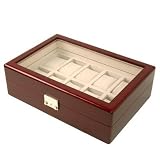 Watch Box Storage Chest For 10 Watches Cherry Finish Inlaid Top Lock and Key