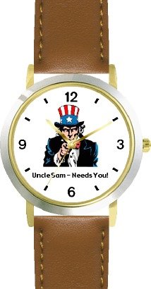 Uncle Sam American Theme - WATCHBUDDY® DELUXE TWO-TONE THEME WATCH - Arabic Numbers - Brown Leather Strap-Size-Large ( Men