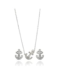 Nickel Free Sterling Silver Necklace & Earring Sets Anchor With Cubic Zirconia Stones Set Pendant 10Mm X 15Mm Earring 9Mm X 13Mm Chain 16-18 Inches