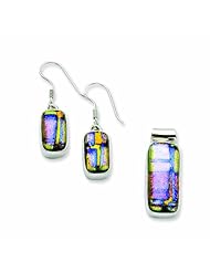 Genuine .925 Sterling Silver Muliticolor Dichroic Glass Earrings & Pendant Set 13.4 Grams. 100% Satisfaction Guaranteed.