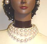Three Strand Graduated Simulated Light Pink Aqua Pearls Separated By Small Gold Plated Beads Necklace for Women and Teens