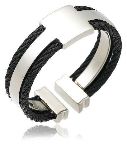 Mens Stainless Steel Open-Ended Ring with Black Cable Detail, Size 9