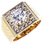 Mens Ring Gold Plated With Clear CZs - Round Center CZ, Trimmed CZ, Two