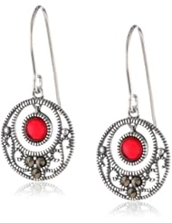 Sterling Silver Marcasite and Red Glass Dangle Earrings