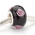 Murano Style Glass Lampwork Bead Fits Pandora Black With Rose 14mm (1)