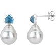 14K White Gold Paspaley South Sea Cultured Fine Circle Pearl and London Blue Topaz Earrings - 11.00mm