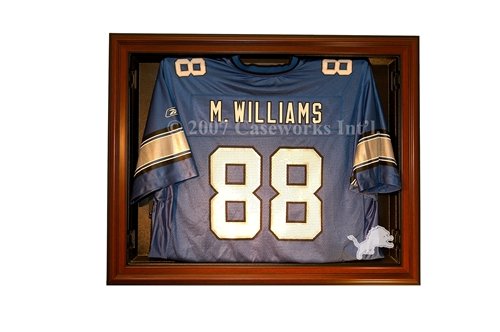 Detroit Lions Football Jersey Display Case with Removable Face and Classic Wood Finish Frame