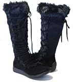 Furry Knee Lace up Winter Boots Moccasin Women Black