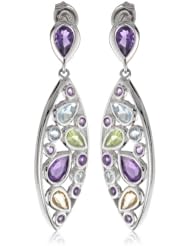 Sterling Silver Multi-Gemstone Elongated Oval Drop Earrings