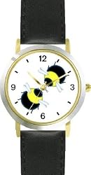 Two Bees Kissing - Bee or Bumblebee - JP - WATCHBUDDY&reg; DELUXE TWO-TONE THEME WATCH - Arabic Numbers - Black Leather Strap-Size-Women's Size-Small