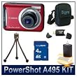 Canon PowerShot A495 Digital Camera 4260B001 (Red), 10.0 MP, 3.3x Optical Zoom, 2.5" LCD Display, Deluxe Carrying Case, 3pc. Lens Cleaning Kit, 4 GB Memory Card, Hi-Speed SD USB 2.0 Card Reader, Flexible Mini Table-top Tripod