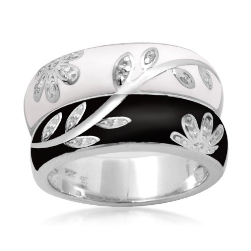 Sterling Silver Black White Enamel Floral Diamond Stack Ring (1/10 cttw, I-J Color, I2-I3 Clarity), Size 7