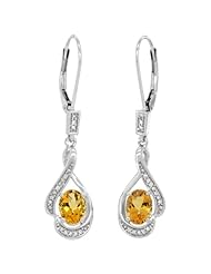 14k White Gold 3/4 in. (19mm) tall Lever Back Dangle Earrings, w/ 0.13 Carat Brilliant Cut Diamonds & 2.40 Carats Oval Cut 7x5mm Citrine Stones