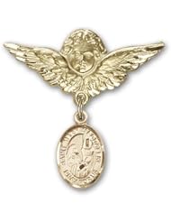 Gold Filled Baby Badge with St. Mary Magdalene Charm and Angel with Wings Badge Pin