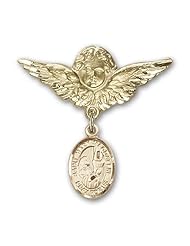 14K Gold Baby Badge with St. Mary Magdalene Charm and Angel with Wings Badge Pin