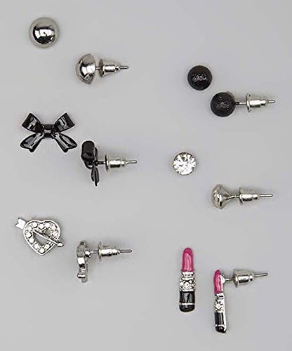 Lux Accessories Kids, Girls &amp; Women's Black &amp; Silver Lipstick &amp; Bow Stud Earring Set