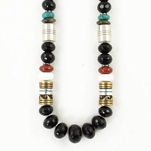 Southwestern Faceted Black Onyx Gemstone Bead, Sterling Silver and Gold 30" Necklace by Native American Artist Tommy Singer, #7683