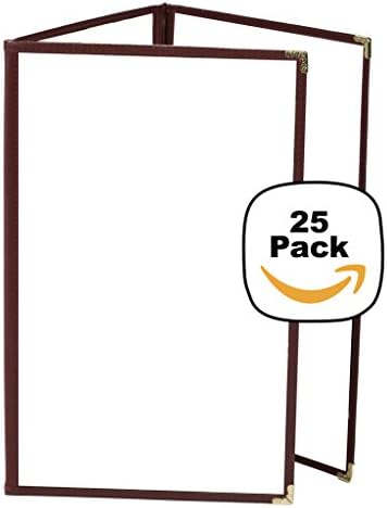 JR SALES CORP, VAL-C811-BURGUNDY, 25 Menu Covers, Trifold, 6 Views, Holds 8.5" x 11" Inserts, Burgundy Leatherette Trim, Gold Decorative Corners, 10 Gauge Crystal Clear Panels,Restaurant Quality