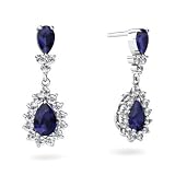 14K White Gold Pear Genuine Sapphire Dangle Drop Earrings