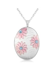 Oval Photo Locket Pendant w/ Flower Design and Circles Sterling Silver