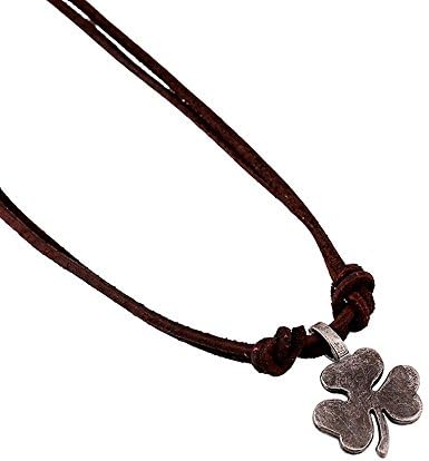 Men's Metal Shamrock Pendant on Brown Double Strand Leather Cord Choker Long Necklace