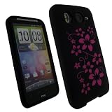 igadgitz Silikon Schutzhülle Hülle Tasche Etui Case Skin in Schwarz mit Rosa Pink Blumen motive für HTC Desire HD Android Handy Smartphone + Display Schutzfolie
