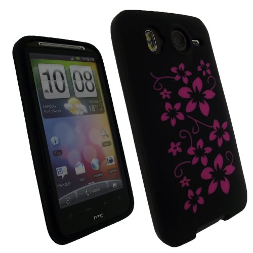 igadgitz Housse Etui Pochette Case Coque en Silicone de couleur Noir avec motif Fleurs de couleur Rose pour Portable Smartphone HTC Desire HD Android + Protecteur d'écran