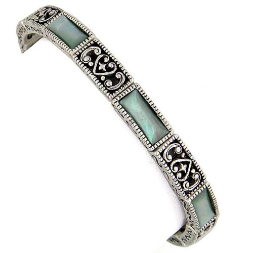 Mother of Pearl & Silver Tone Etched Metal Stretch Bracelet