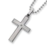 Brushed Stainless Steel and Diamond Cross Necklace on 22 Inch Bead Chain