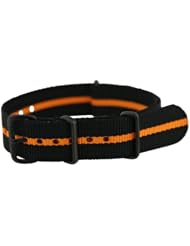 18mm Classic PVD Nylon Striped Black / Orange - Easily Interchangeable Replacement Military Watch Strap / Band - Fits All Watches!!!