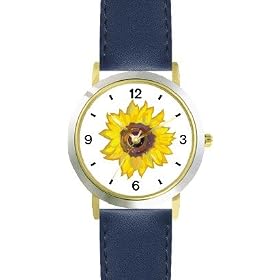 Sun Flower or Sunflower - WATCHBUDDY® DELUXE TWO-TONE THEME WATCH - Arabic Numbers - Blue Leather Strap-Women's Size-Small