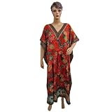 Boho Gypsy Red Evening Dress Womens Satin Kaftan Caftan Kimono Sleeve Resort Wear Dress
