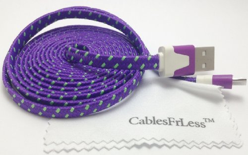 CablesFrLess (TM) 10ft Flat Braided Micro USB Charging / Data Sync Cable fits most Android Phones and Tablets Samsung Galaxy S3 S4 Reverb Note Tab Google Nexus Kindle Nokia Lumia HTC One ASUS LG G2 Pantech Blackberry Motorola Sony Xperia etc. (Purple)