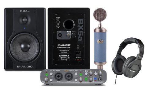 Home Recording Studio Equipment Package Includes M-Audio Pro Tools M-Powered 8, M-Audio Fast Track Pro, M-Audio BX5a Deluxe, Blue Bluebird Microphone, Sennheiser HD 280 Pro, Atlas Sound TEB-E, and a Microphone Cable.