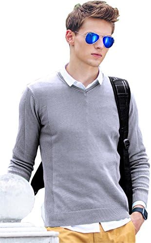 Pste Men's Classic V Neck Solid Slim Fit Basic Thin Knit Sweater Light Grey L