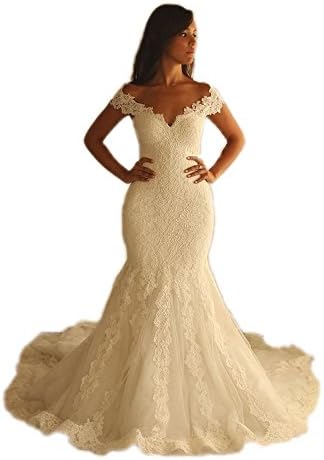 Fenghuavip V-neck Ivory Off-shoulder Long Train Brides Wedding Gowns Mermaid (18)