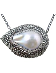 Sterling Silver Black Rhodium Two Sided Leaf Pearl Pendant Necklace with Small Hematites and Swarovski Crystals