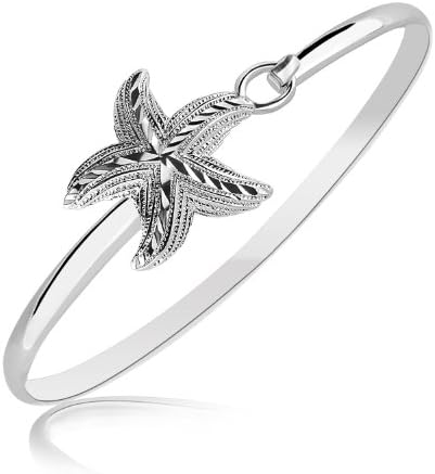 Sterling Silver Starfish Motif Slim Bangle with Rhodium Plating