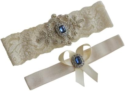 Ivory Sapphire Blue Pearl Wedding Bridal Garter Set Keepsake Toss