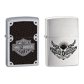 Zippo Lighter Set - Harley Davidson Carbon Fiber Name Logo and Brushed Chrome Motorcyles Tribal Name Logo, Pack of Two