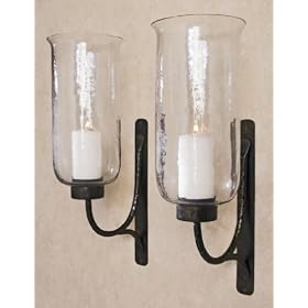 Pescara Contemporary Rustic Forged Iron Candle Clear Glass Wall Sconces by Kathy Kuo Designs