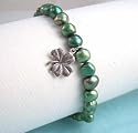 Sterling Silver "Irish Eyes" Four Leaf Clover & Green Freshwater Pearl Bracelet, 7.5"